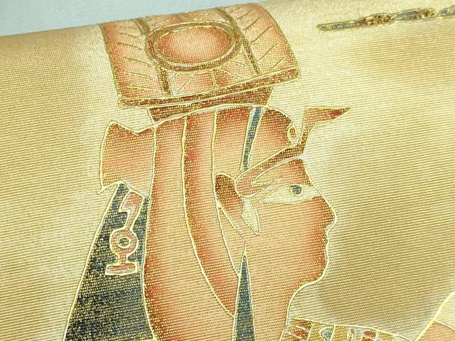 平和屋着物●極上　塩瀬　九寸名古屋帯　エジプト壁画文様　湊鼠色地　金彩　逸品　DZAB2931kh6