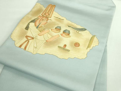 平和屋着物●極上　塩瀬　九寸名古屋帯　エジプト壁画文様　湊鼠色地　金彩　逸品　DZAB2931kh6