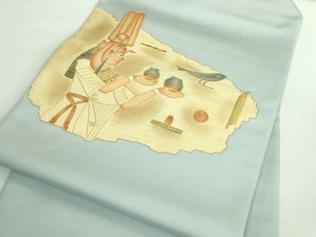 平和屋着物●極上　塩瀬　九寸名古屋帯　エジプト壁画文様　湊鼠色地　金彩　逸品　DZAB2931kh6