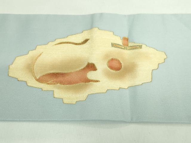 平和屋着物●極上　塩瀬　九寸名古屋帯　エジプト壁画文様　湊鼠色地　金彩　逸品　DZAB2931kh6