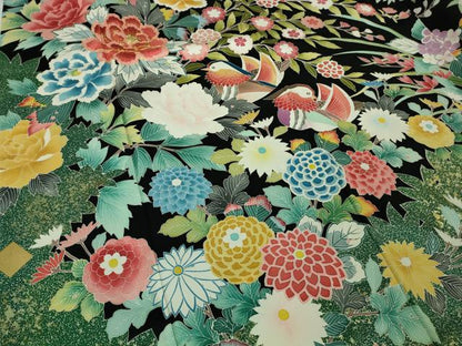 平和屋本店●極上　振袖　駒刺繍　鴛鴦花文　たたき染め　黒地　金彩　逸品　DZAB2956kh6