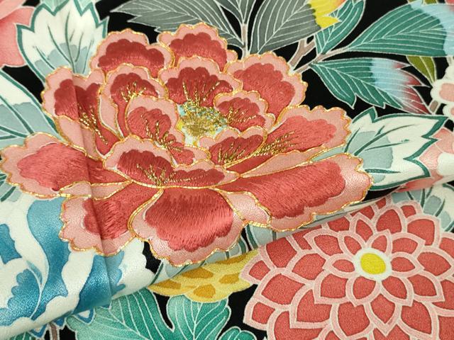 平和屋本店●極上　振袖　駒刺繍　鴛鴦花文　たたき染め　黒地　金彩　逸品　DZAB2956kh6