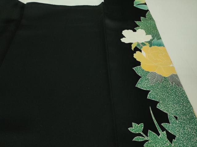 平和屋本店●極上　振袖　駒刺繍　鴛鴦花文　たたき染め　黒地　金彩　逸品　DZAB2956kh6