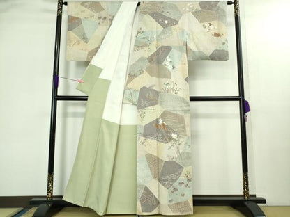 平和屋本店●極上　創業460年・千總　訪問着　本場結城紬地　刺繍　切嵌四季花文　逸品　DZAB2978kh6