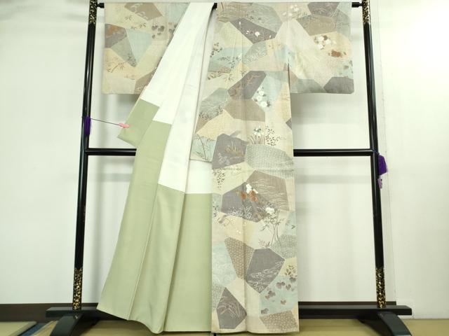 平和屋本店●極上　創業460年・千總　訪問着　本場結城紬地　刺繍　切嵌四季花文　逸品　DZAB2978kh6