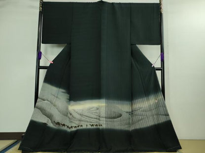 平和屋着物●極上　訪問着　作家物　シルクロード　駱駝　ラクダ　暈し染め　銀彩　百入茶色地　ロング丈　逸品　未使用　DZAB2983kh6