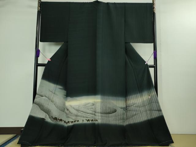 平和屋着物●極上　訪問着　作家物　シルクロード　駱駝　ラクダ　暈し染め　銀彩　百入茶色地　ロング丈　逸品　未使用　DZAB2983kh6