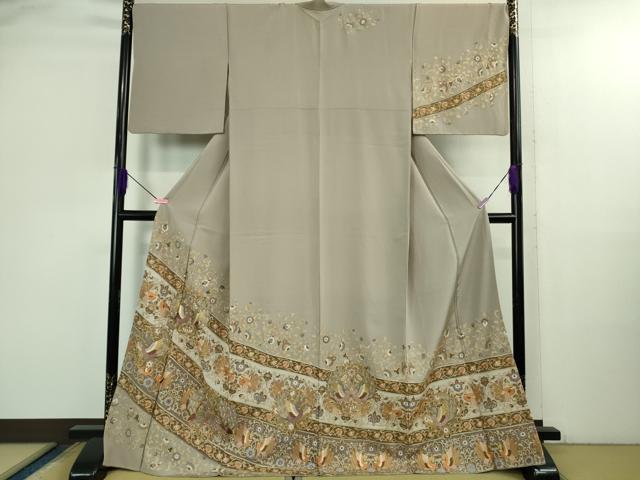 平和屋本店●極上　訪問着　総刺繍　駒刺繍　双鳥更紗花唐草文　薄梅鼠色地　金糸　逸品　DZAB2984kh6