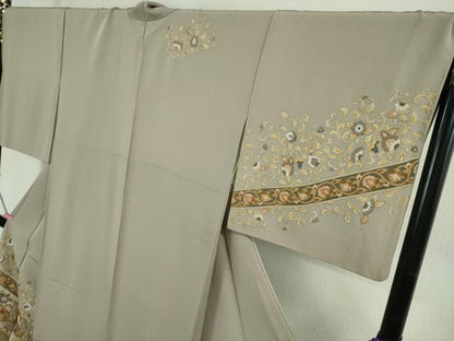 平和屋本店●極上　訪問着　総刺繍　駒刺繍　双鳥更紗花唐草文　薄梅鼠色地　金糸　逸品　DZAB2984kh6