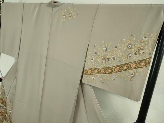 平和屋本店●極上　訪問着　総刺繍　駒刺繍　双鳥更紗花唐草文　薄梅鼠色地　金糸　逸品　DZAB2984kh6