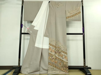 平和屋本店●極上　訪問着　総刺繍　駒刺繍　双鳥更紗花唐草文　薄梅鼠色地　金糸　逸品　DZAB2984kh6