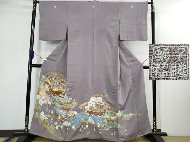 平和屋本店●極上　創業460年・千總　色留袖　駒刺繍　南蛮船　人物文　浅紫色地　金彩　逸品　DZAB2985kh6
