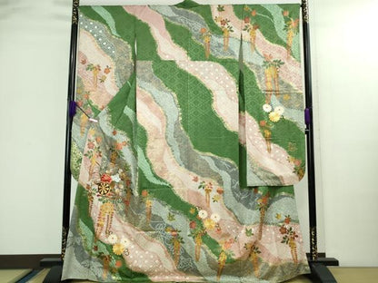 平和屋着物●極上　振袖　駒刺繍　絞り　花車　道長花文　金彩　逸品　DZAB2987kh6