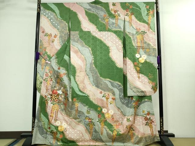 平和屋着物●極上　振袖　駒刺繍　絞り　花車　道長花文　金彩　逸品　DZAB2987kh6