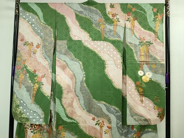 平和屋着物●極上　振袖　駒刺繍　絞り　花車　道長花文　金彩　逸品　DZAB2987kh6