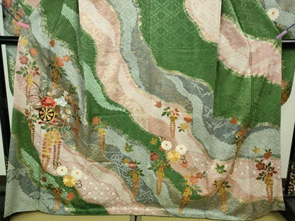 平和屋着物●極上　振袖　駒刺繍　絞り　花車　道長花文　金彩　逸品　DZAB2987kh6