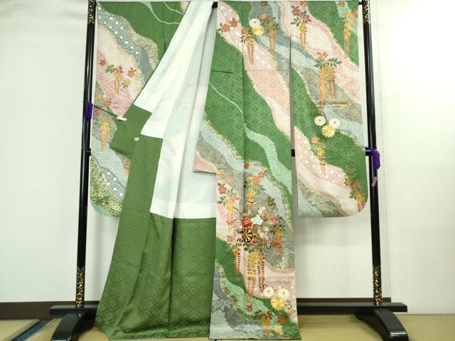平和屋着物●極上　振袖　駒刺繍　絞り　花車　道長花文　金彩　逸品　DZAB2987kh6