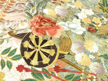 平和屋着物●極上　振袖　駒刺繍　絞り　花車　道長花文　金彩　逸品　DZAB2987kh6