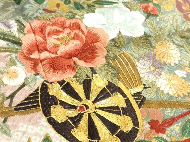 平和屋着物●極上　振袖　駒刺繍　絞り　花車　道長花文　金彩　逸品　DZAB2987kh6