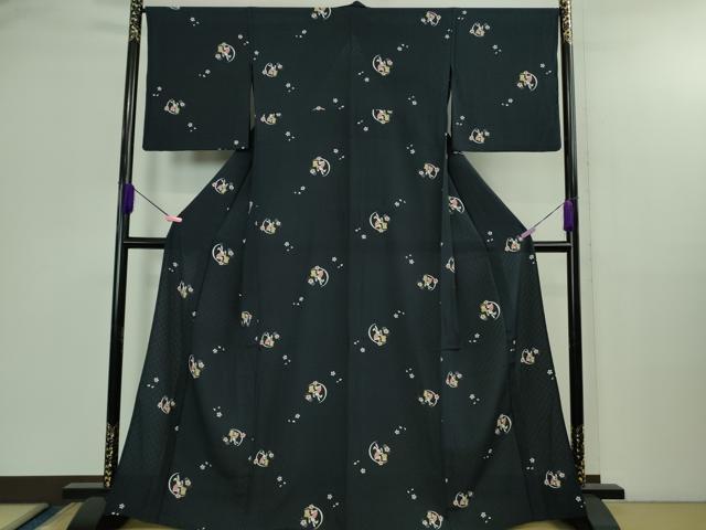 平和屋着物＊極上 夏物 小紋 網目菱紋紗 十五夜 兎 うさぎ 餅つき 舞桜 濃藍色地 逸品 DZAB2993kh6