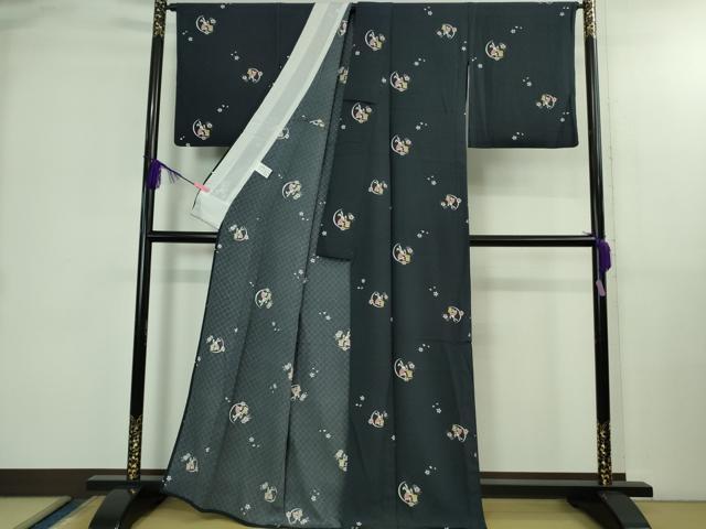 平和屋着物＊極上 夏物 小紋 網目菱紋紗 十五夜 兎 うさぎ 餅つき 舞桜 濃藍色地 逸品 DZAB2993kh6
