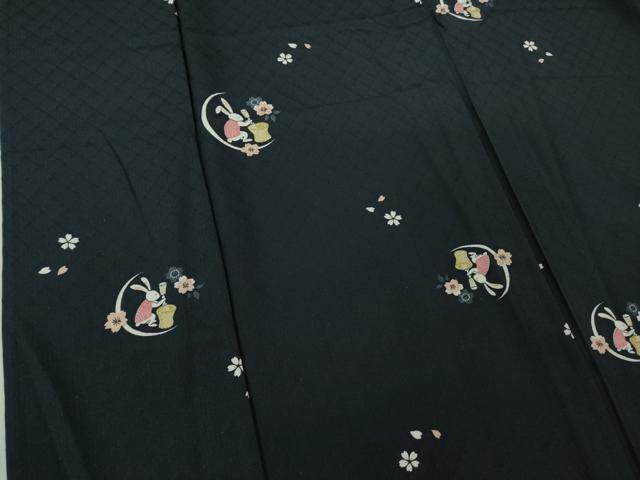 平和屋着物＊極上 夏物 小紋 網目菱紋紗 十五夜 兎 うさぎ 餅つき 舞桜 濃藍色地 逸品 DZAB2993kh6