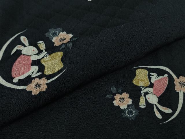 平和屋着物＊極上 夏物 小紋 網目菱紋紗 十五夜 兎 うさぎ 餅つき 舞桜 濃藍色地 逸品 DZAB2993kh6