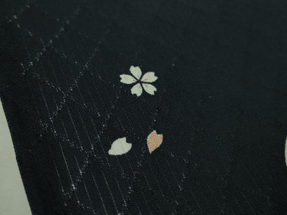 平和屋着物＊極上 夏物 小紋 網目菱紋紗 十五夜 兎 うさぎ 餅つき 舞桜 濃藍色地 逸品 DZAB2993kh6