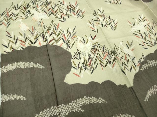 平和屋本店＊極上　夏物　染織の名門　しょうざん  生紬　訪問着　駒刺繍　絞り　白鷺　雲取草葉文　金彩　逸品　DZAB3010kh6