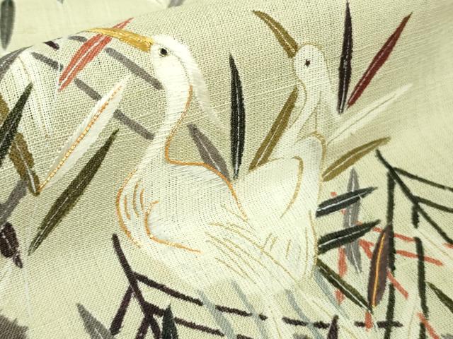 平和屋本店＊極上　夏物　染織の名門　しょうざん  生紬　訪問着　駒刺繍　絞り　白鷺　雲取草葉文　金彩　逸品　DZAB3010kh6