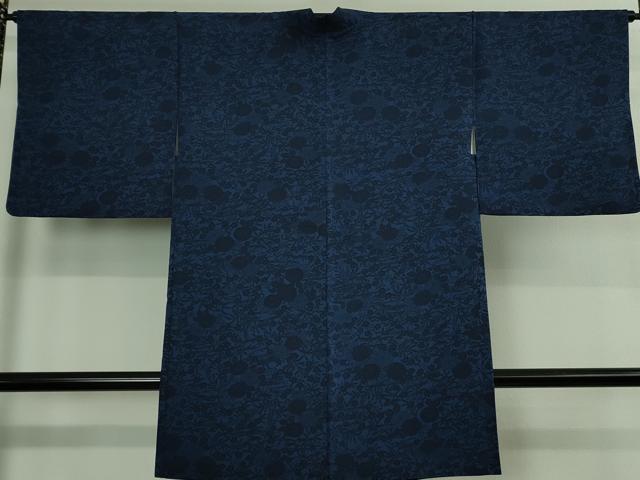 平和屋着物＃極上　長羽織　藍染　型染　流水花文　羽織紐付き　反端付き　逸品　DZAB3013kh6