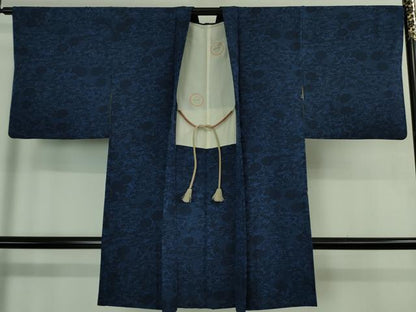 平和屋着物＃極上　長羽織　藍染　型染　流水花文　羽織紐付き　反端付き　逸品　DZAB3013kh6