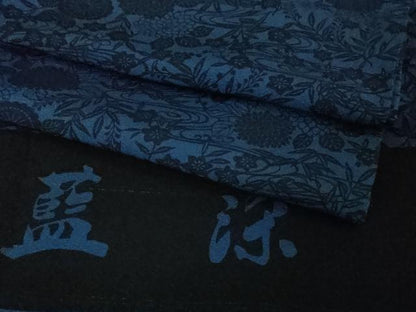 平和屋着物＃極上　長羽織　藍染　型染　流水花文　羽織紐付き　反端付き　逸品　DZAB3013kh6