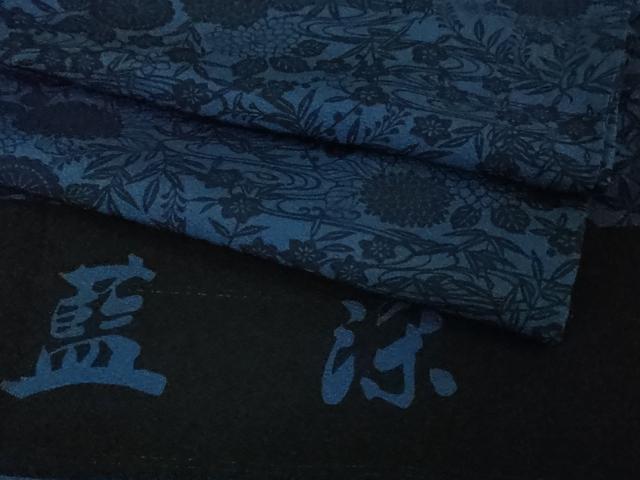 平和屋着物＃極上　長羽織　藍染　型染　流水花文　羽織紐付き　反端付き　逸品　DZAB3013kh6