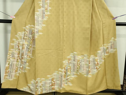 平和屋着物●極上　訪問着　　駒刺繍　笹竹吉祥花文　芥子色地　金彩　逸品　DZAB3016kh6