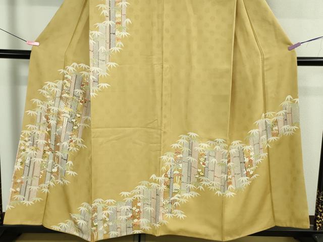 平和屋着物●極上　訪問着　　駒刺繍　笹竹吉祥花文　芥子色地　金彩　逸品　DZAB3016kh6