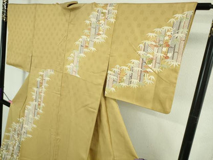 平和屋着物●極上　訪問着　　駒刺繍　笹竹吉祥花文　芥子色地　金彩　逸品　DZAB3016kh6
