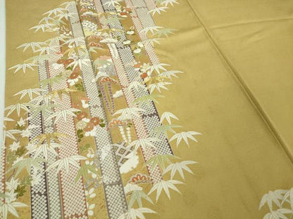 平和屋着物●極上　訪問着　　駒刺繍　笹竹吉祥花文　芥子色地　金彩　逸品　DZAB3016kh6
