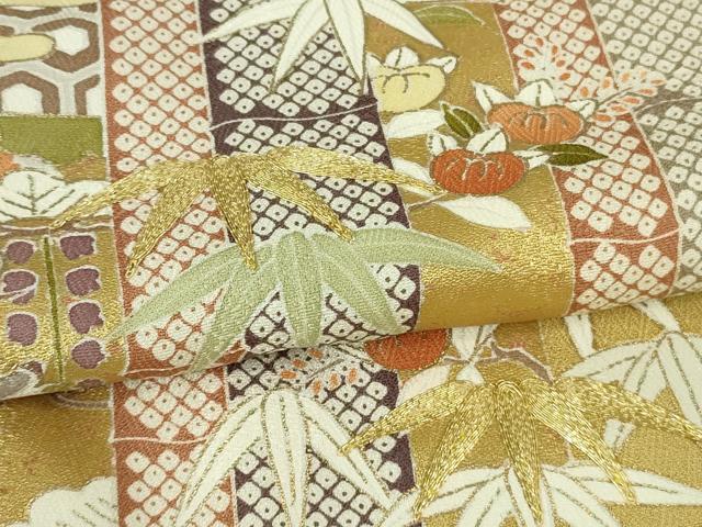 平和屋着物●極上　訪問着　　駒刺繍　笹竹吉祥花文　芥子色地　金彩　逸品　DZAB3016kh6