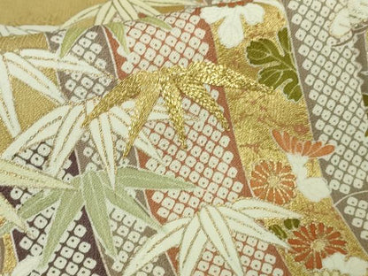 平和屋着物●極上　訪問着　　駒刺繍　笹竹吉祥花文　芥子色地　金彩　逸品　DZAB3016kh6