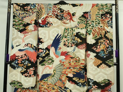 平和屋本店●極上　アンティーク　大正ロマン　振袖　駒刺繍　宝尽くし飛鶴文　黒地　金彩　逸品　DZAB3023kh6