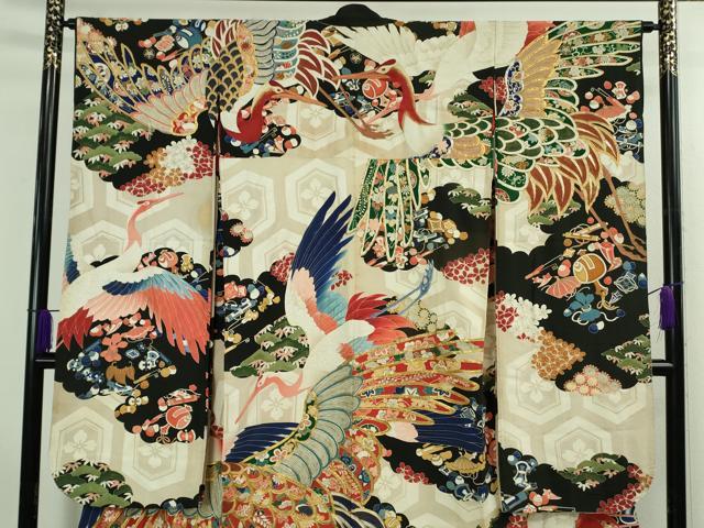 平和屋本店●極上　アンティーク　大正ロマン　振袖　駒刺繍　宝尽くし飛鶴文　黒地　金彩　逸品　DZAB3023kh6