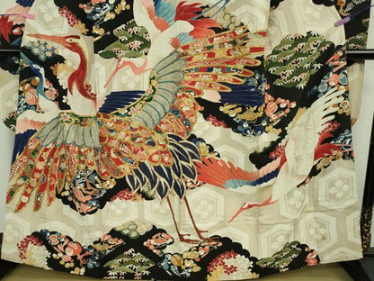 平和屋本店●極上　アンティーク　大正ロマン　振袖　駒刺繍　宝尽くし飛鶴文　黒地　金彩　逸品　DZAB3023kh6