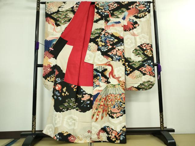 平和屋本店●極上　アンティーク　大正ロマン　振袖　駒刺繍　宝尽くし飛鶴文　黒地　金彩　逸品　DZAB3023kh6