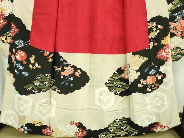 平和屋本店●極上　アンティーク　大正ロマン　振袖　駒刺繍　宝尽くし飛鶴文　黒地　金彩　逸品　DZAB3023kh6