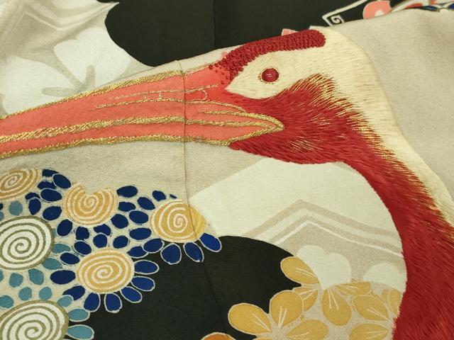 平和屋本店●極上　アンティーク　大正ロマン　振袖　駒刺繍　宝尽くし飛鶴文　黒地　金彩　逸品　DZAB3023kh6