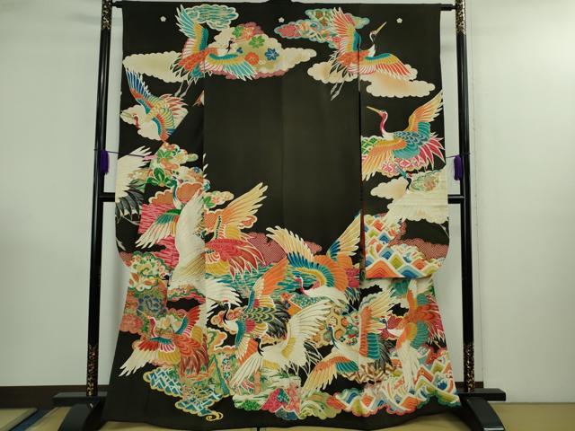 平和屋本店●極上　アンティーク　大正ロマン　振袖　駒刺繍　飛鶴文　黒地　金彩　逸品　DZAB3024kh6
