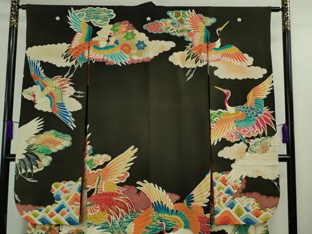 平和屋本店●極上　アンティーク　大正ロマン　振袖　駒刺繍　飛鶴文　黒地　金彩　逸品　DZAB3024kh6