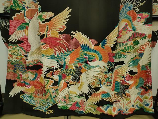 平和屋本店●極上　アンティーク　大正ロマン　振袖　駒刺繍　飛鶴文　黒地　金彩　逸品　DZAB3024kh6