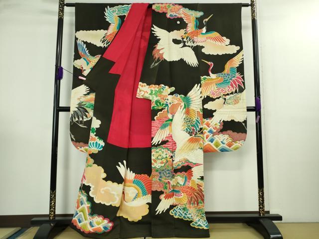 平和屋本店●極上　アンティーク　大正ロマン　振袖　駒刺繍　飛鶴文　黒地　金彩　逸品　DZAB3024kh6